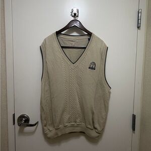 Cutter & Buck Men's V-Neck Cable Knit Sweater Vest - Tan with Black Trim